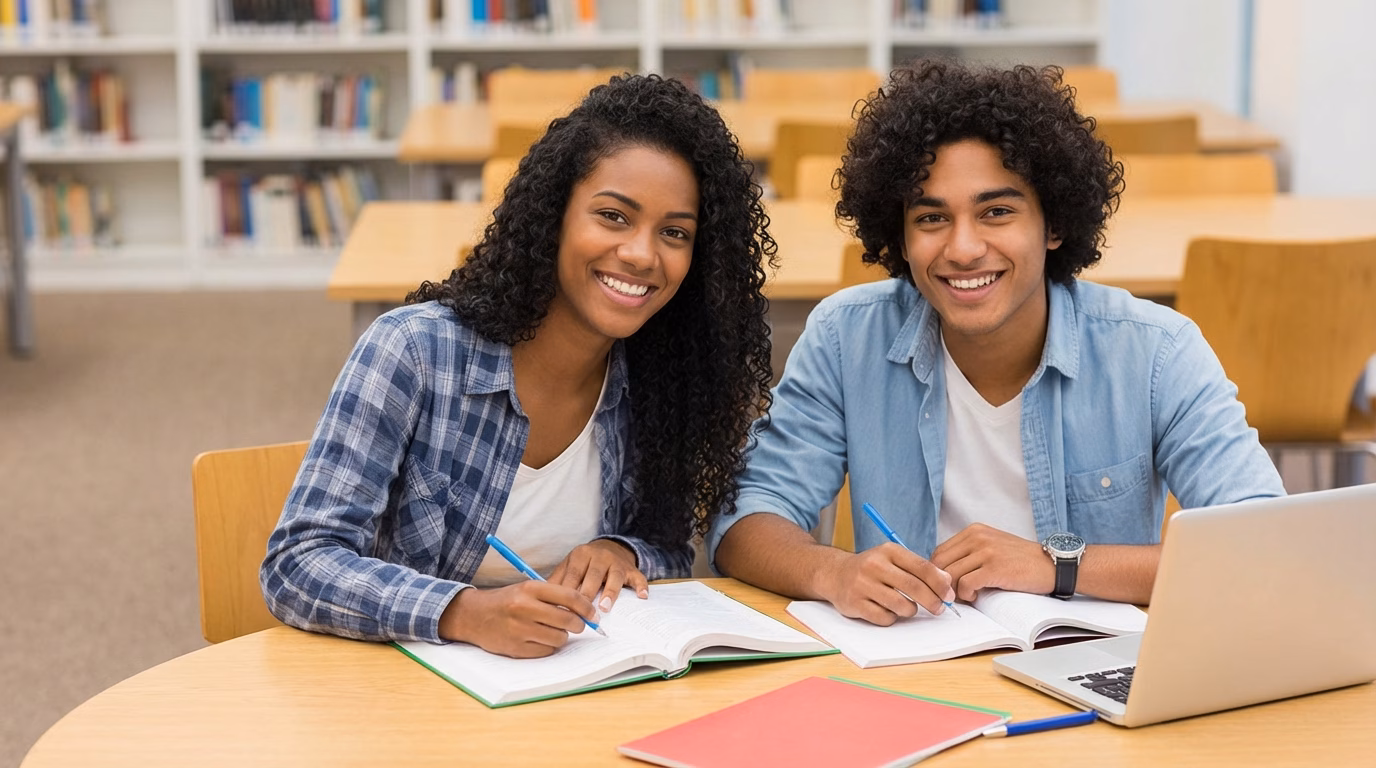 Two students sitting at a table in a library, smiling at the camera while writing in open textbooks, with a laptop and notebooks in front of them.