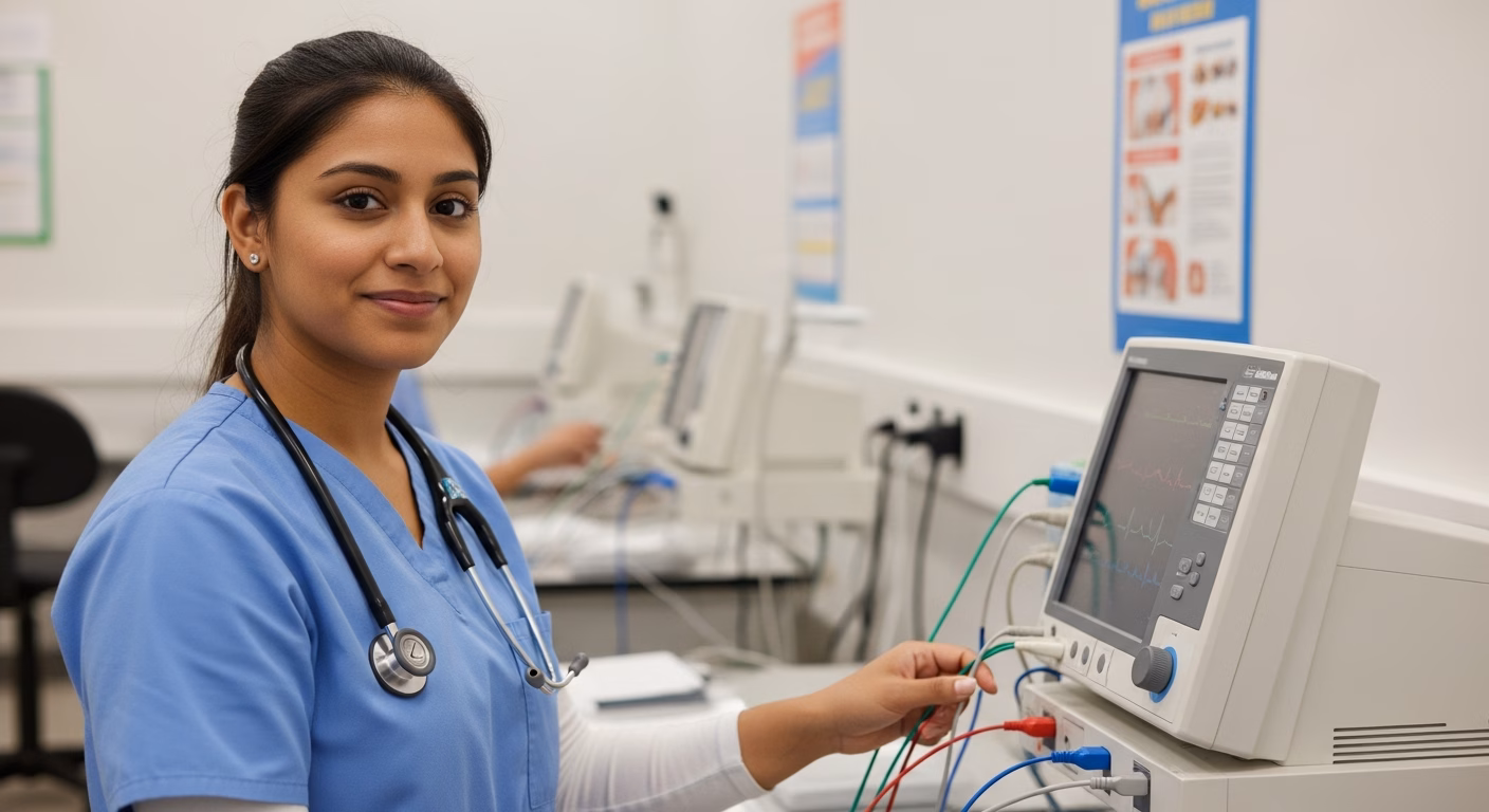 Student in blue medical scrubs with a stethoscope around her neck using an ECG machine in a clinical classroom setting.