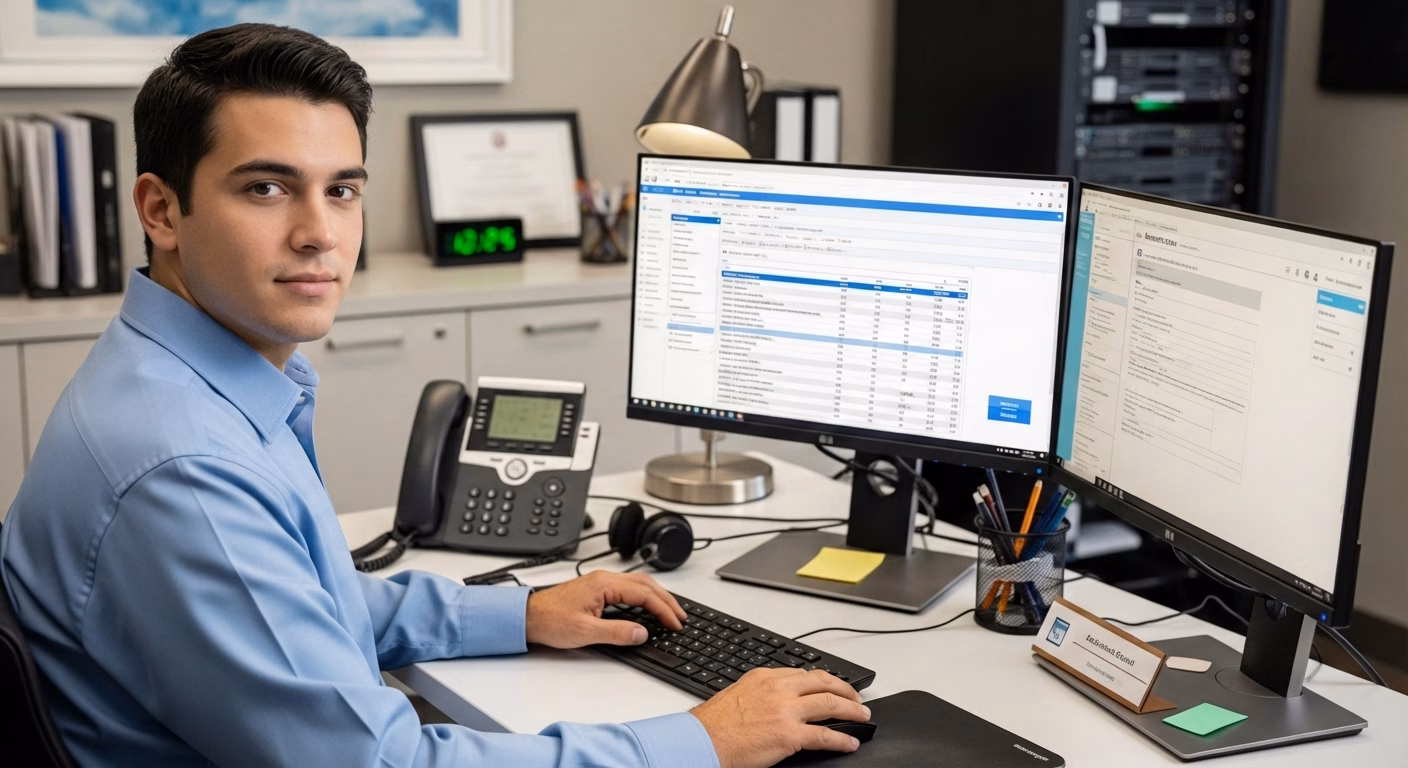Medical biller sitting at a desk with dual monitors, reviewing billing or administrative software on screen while using a keyboard and mouse in a modern office setting.