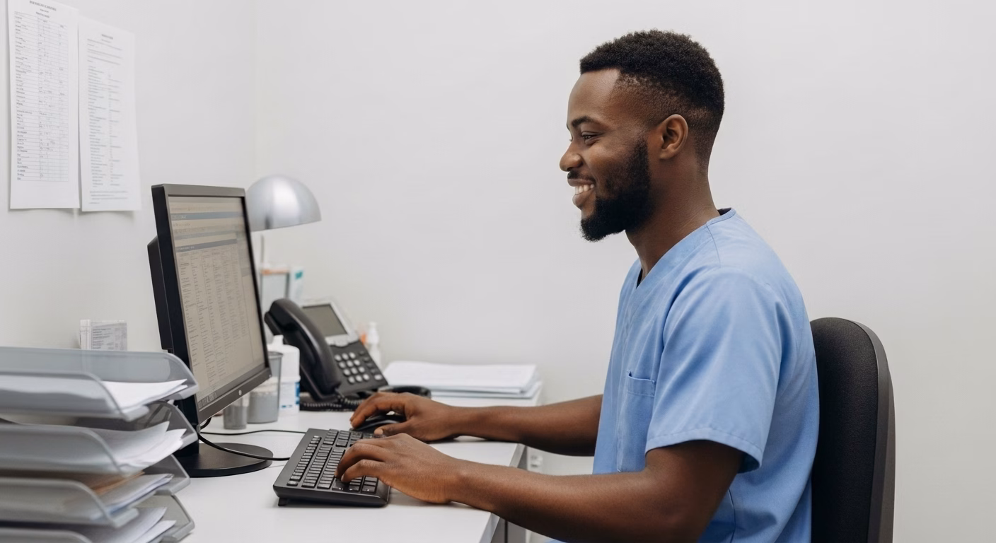 Smiling healthcare professional in scrubs working at a computer in a medical office, entering patient or administrative data.