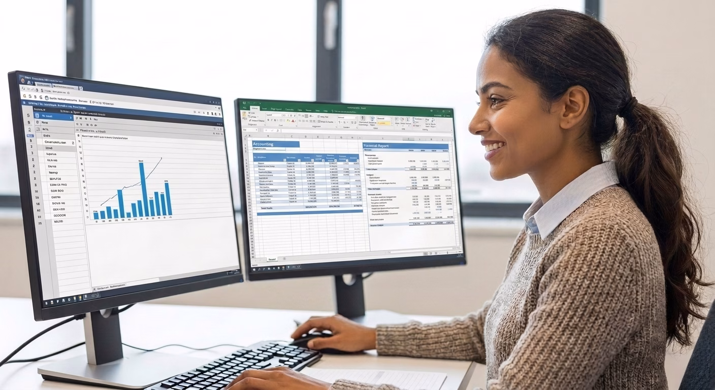 Woman working at a dual-monitor desktop setup, reviewing financial reports and spreadsheets with charts and data, representing accounting and computer-based business operations in an office environment.