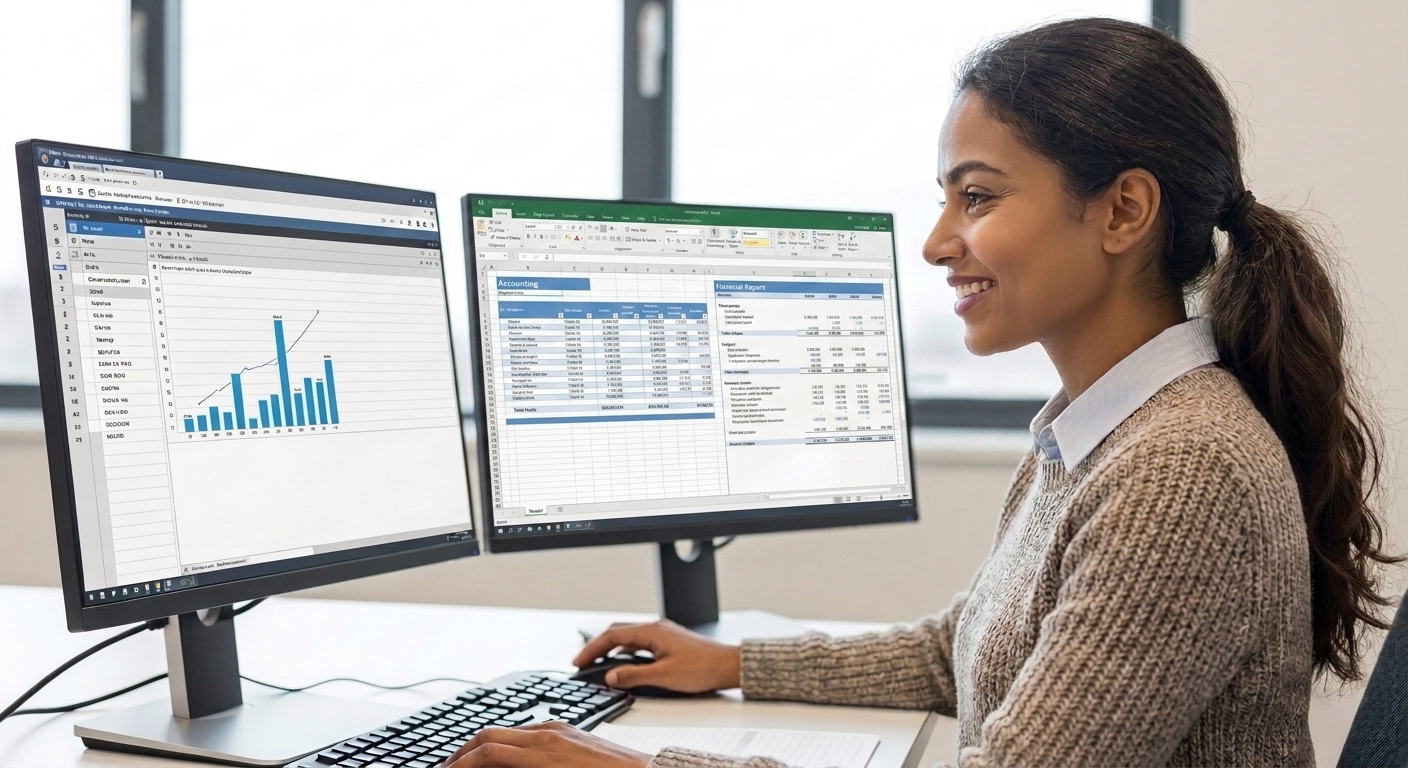 Woman working at a dual-monitor desktop setup, reviewing financial reports and spreadsheets with charts and data, representing accounting and computer-based business operations in an office environment.