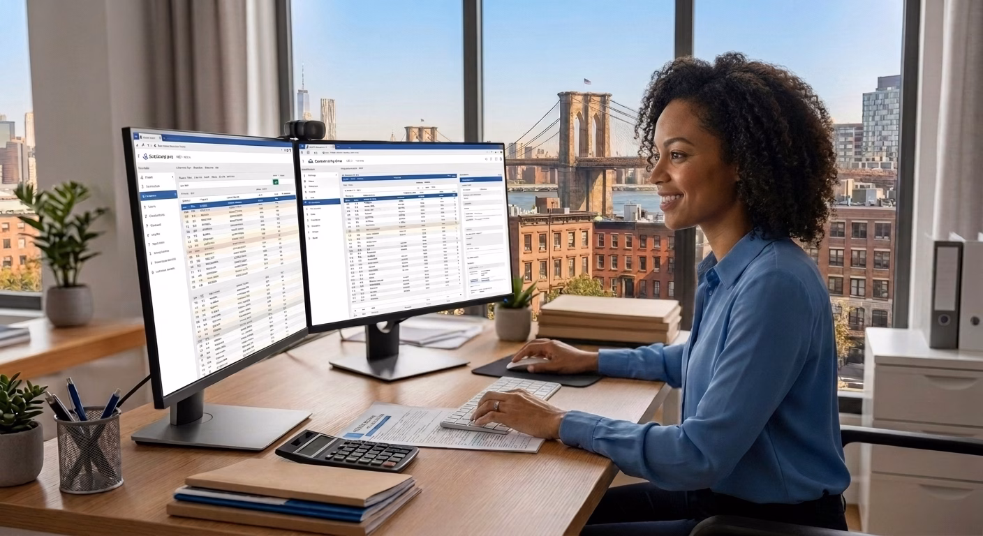 female bookkeeper working in an office in brooklyn ntc on a computer