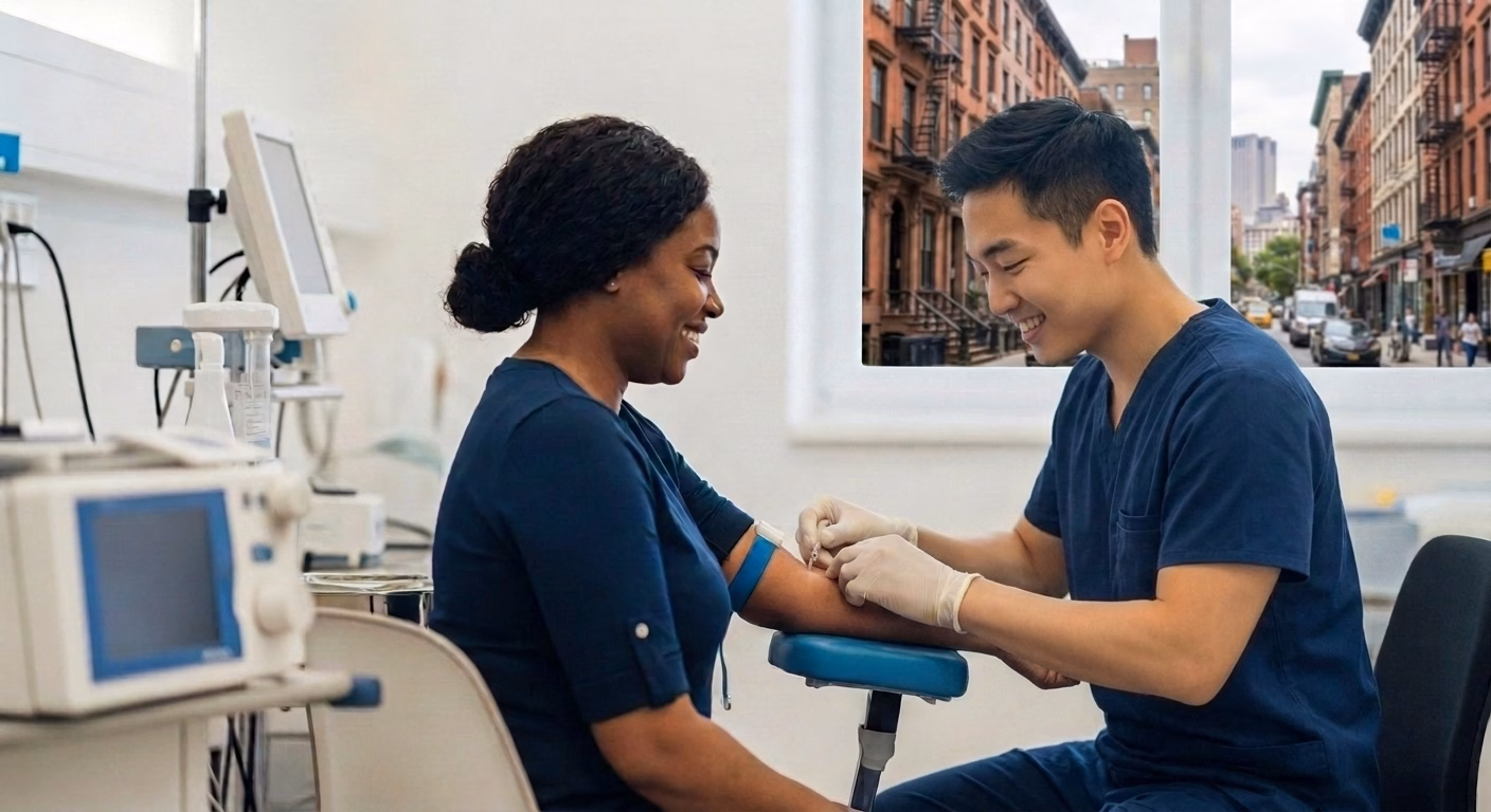 clinical technician taking a patient's blood within a clinic in brooklyn, nyc