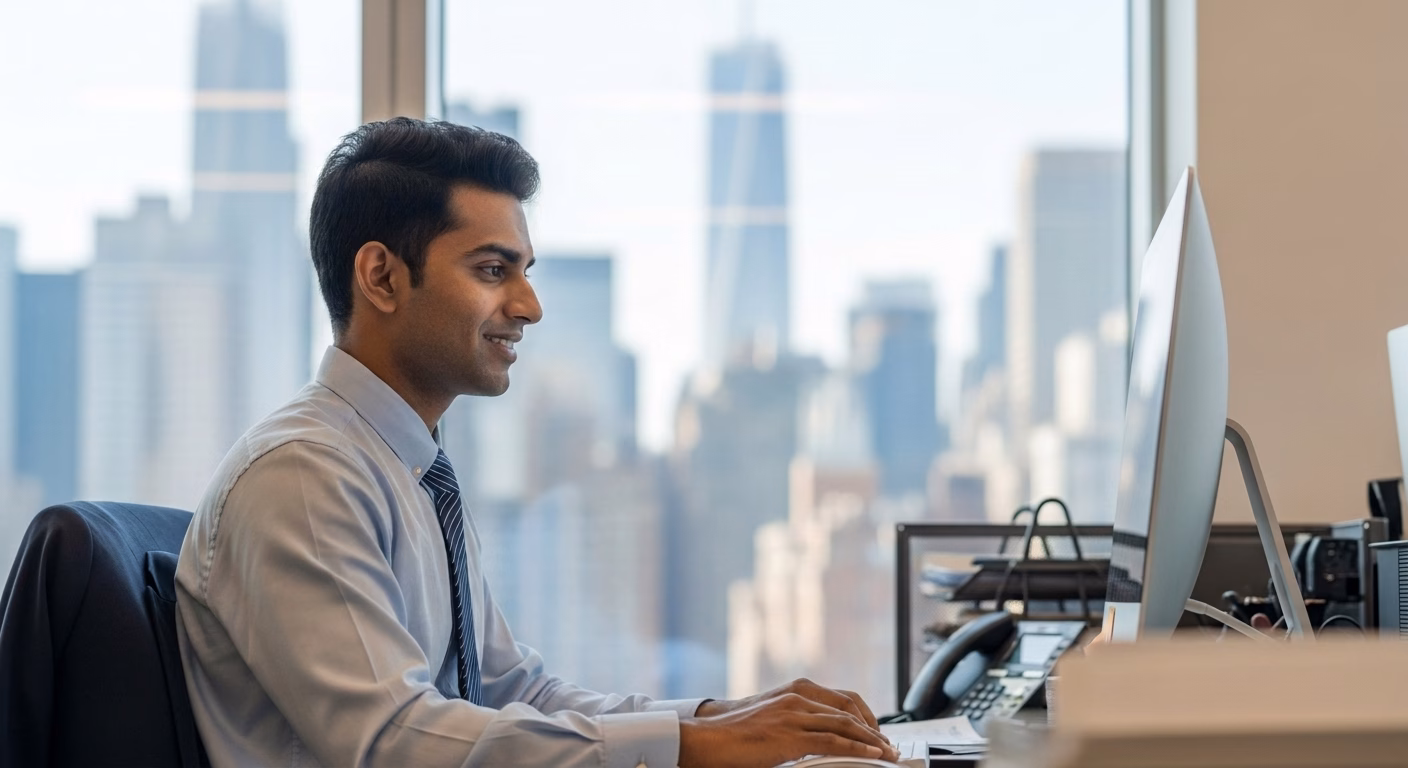 Professional working at a desktop computer in an office with a city skyline view, focused on digital tasks related to accounting or business operations.
