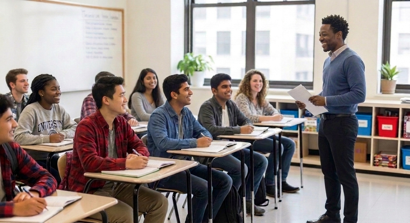group of students both male and female sitting in a classroom learning english from an instructor