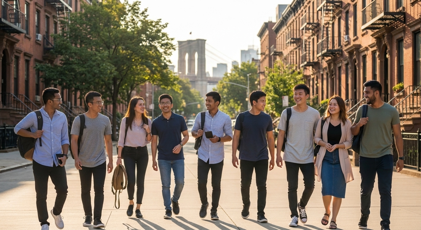 group of international students outside walking in brooklyn, ny