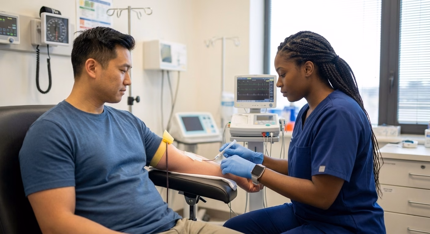 female medical assistant working with a patient in a clinic