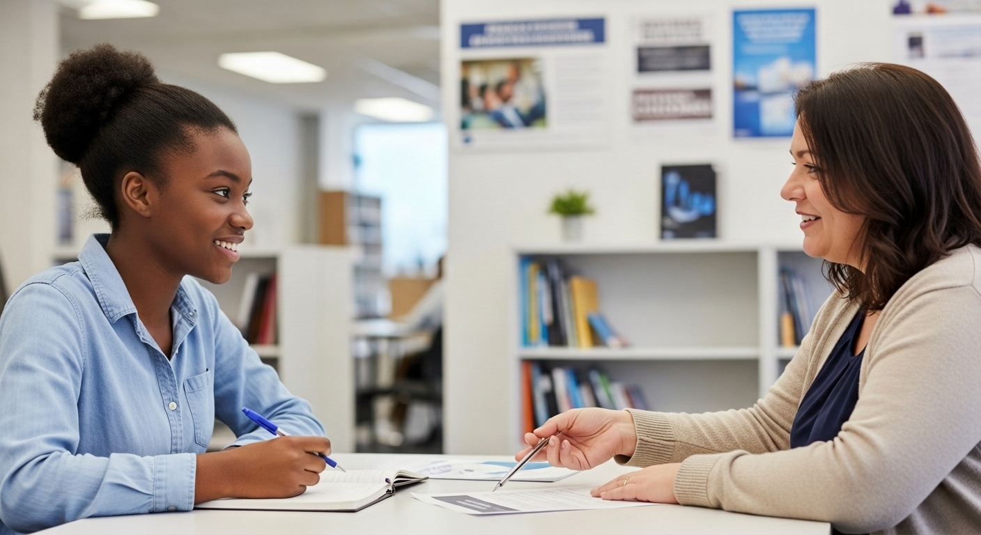 Student meeting with a support staff member at a desk, discussing notes and resources in a bright, welcoming office setting.