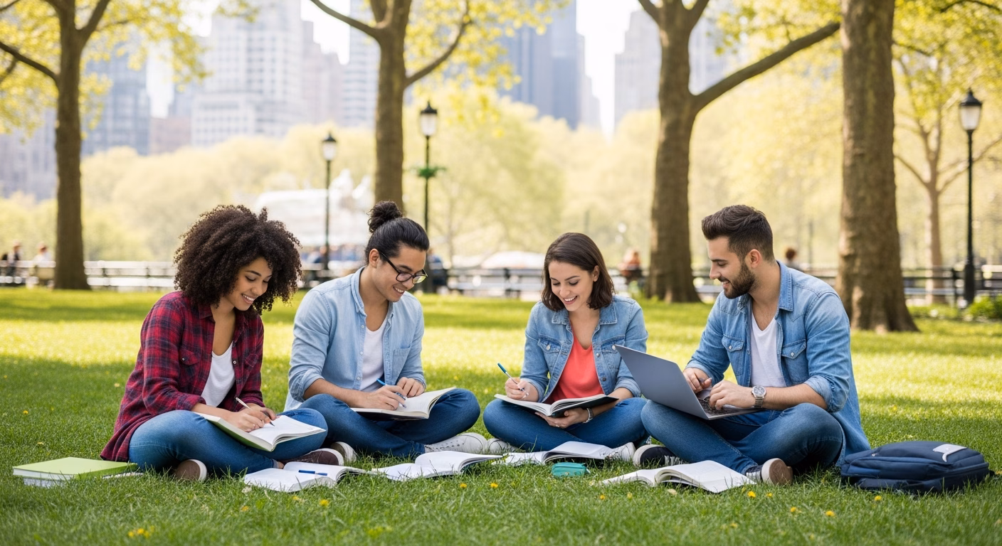 group of college students studying outside in the park