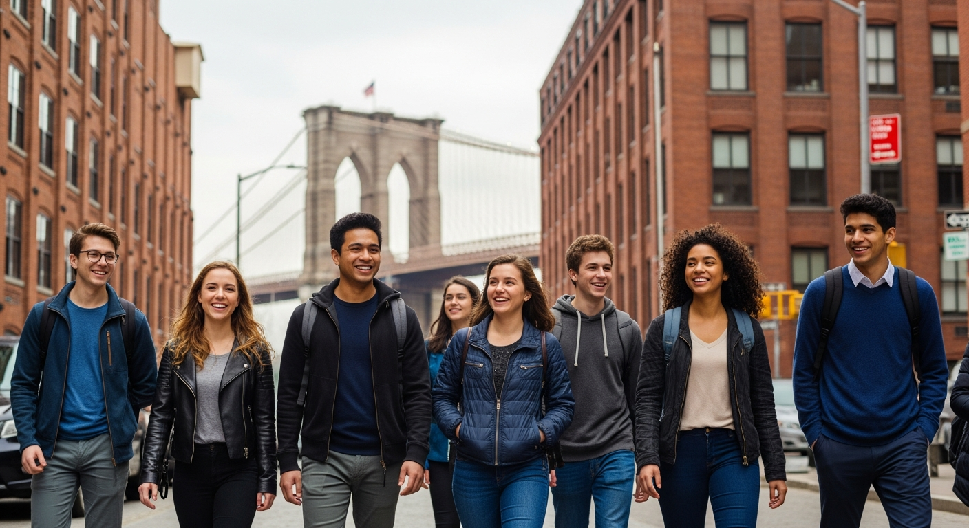 group of international students walking down the street in brooklyn nyc